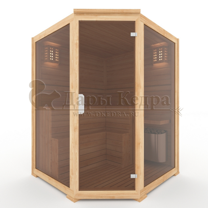 Трехместная угловая финская сауна кабина из кедра с электрокаменкой Трехместная угловая финская сауна кабина из кедра с электрокаменкой