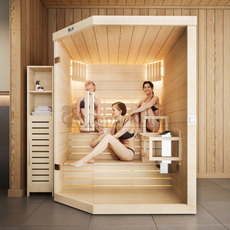 Трехместная угловая финская «Элит» сауна кабина из кедра и липы с электрокаменкой Трехместная угловая финская «Элит» сауна кабина из кедра и липы с электрокаменкой